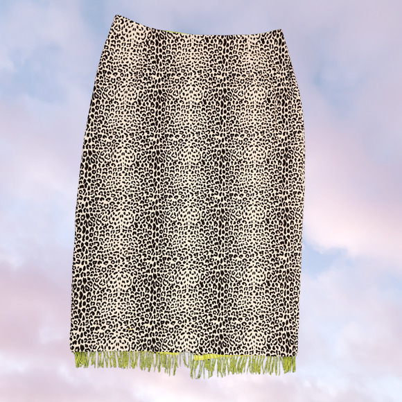 Bliss Dresses & Skirts - Vtg Bliss 90s Y2k Leopard Cheetah Funky Neon Green Beaded Fringe Midi Skirt Sz 4